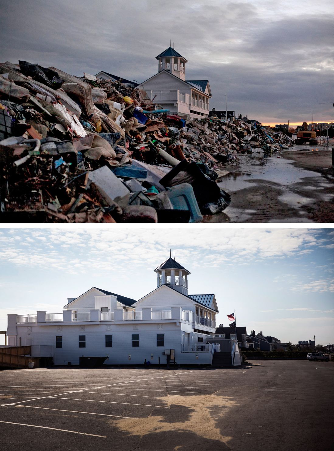[Top] The Monmouth Beach pavilion is surrounded by debris caused by Superstorm Sandy on November 8, 2012 in Monmouth, New Jersey. [Bottom] The Monmouth Beach pavilion is shown October 22, 2013 in Monmouth, New Jersey.